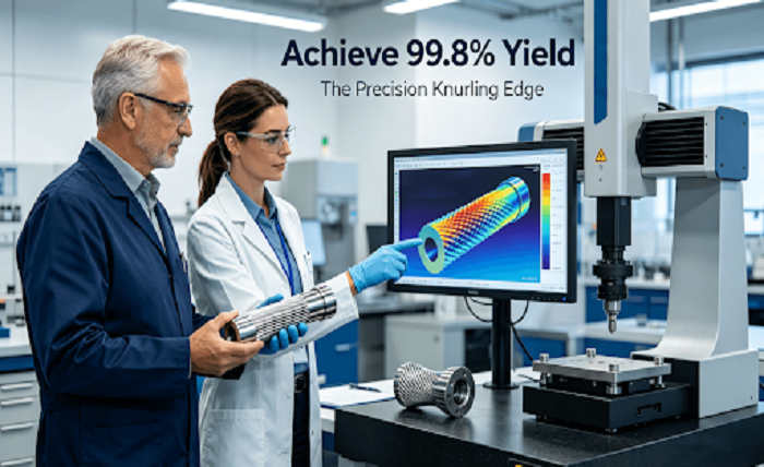 A manufacturing engineer and quality manager inspect a flawlessly knurled stainless steel/titanium component on a CMM, analyzing real-time 3D texture uniformity and high Cpk data, with a failed interference-fit part nearby, in a modern precision lab.