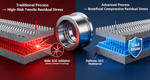 3D cross-section infographic comparing the tensile residual stress (risk for stress corrosion cracking) induced by traditional knurling (left) with the beneficial compressive residual stress (defense against SCC) created by advanced pressure knurling processes (right), as detailed in the H2-2 section on combating corrosion.
