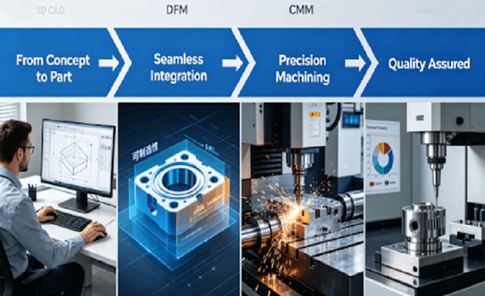 An infographic detailing the integrated, end-to-end CNC machining workflow from digital design and DFM analysis to precision machining and final quality inspection, highlighting the seamless transition between stages.