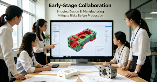 A diverse team of manufacturing engineers and designers collaboratively reviewing a 3D model during a Design for Manufacturability (DFM) analysis session, with physical prototypes on the table.